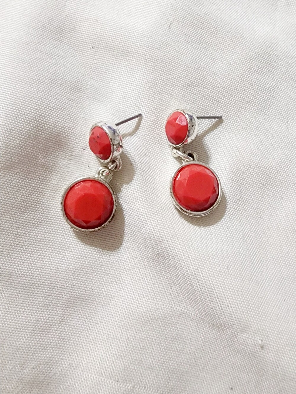 Liz Claiborne Red Double-Drop Faceted Earrings in Silver Tone